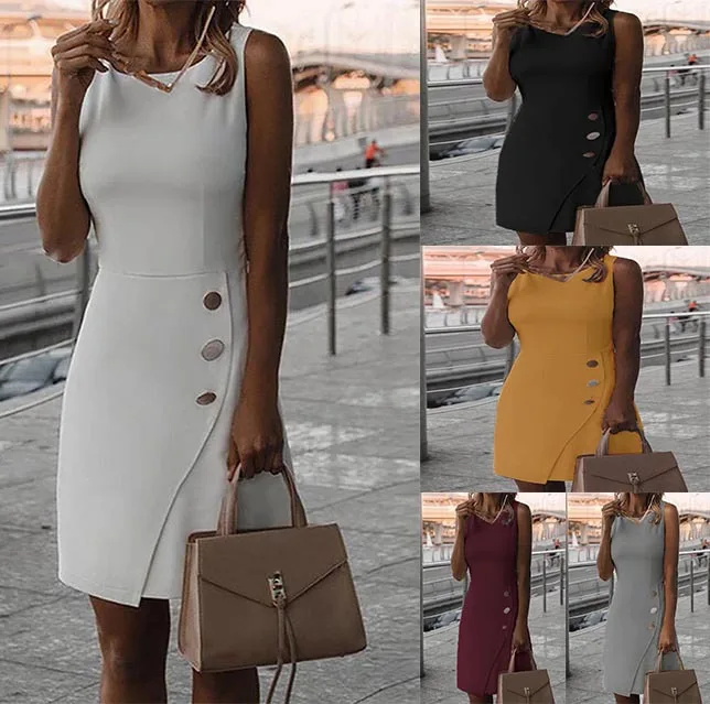

Женское однотонное платье без рукавов, элегантное офисное платье на пуговицах, дизайнерская мода 2023