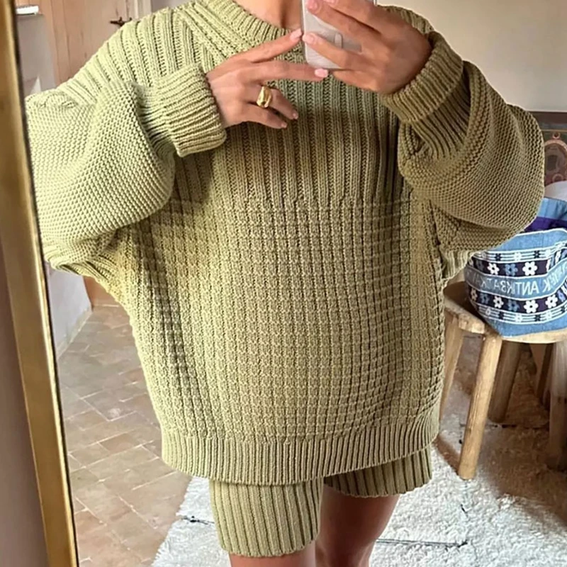 Женский винтажный комплект из 2 предметов свободный трикотажный свитер и шорты