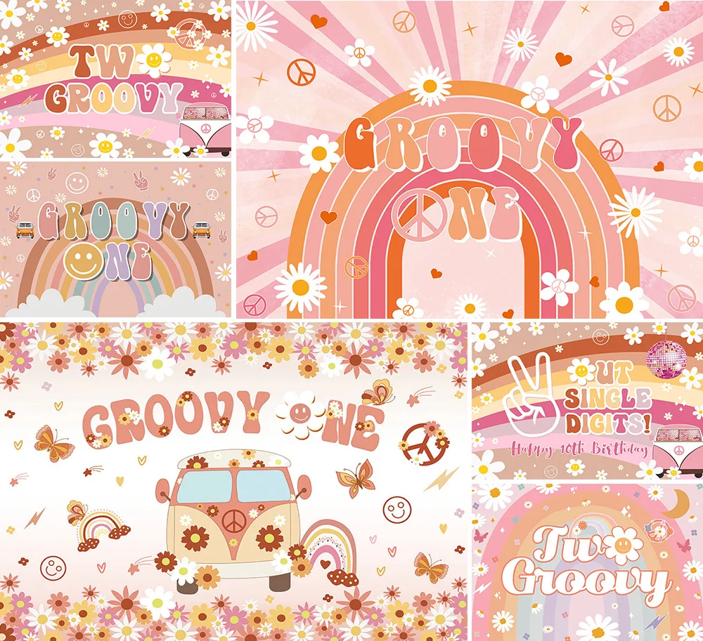 

Avezano Happy Birthday Background Two Groovy Retro Hippie Boho Rainbow Daisy Peace Car Baby Shower Photography Backdrop Decor