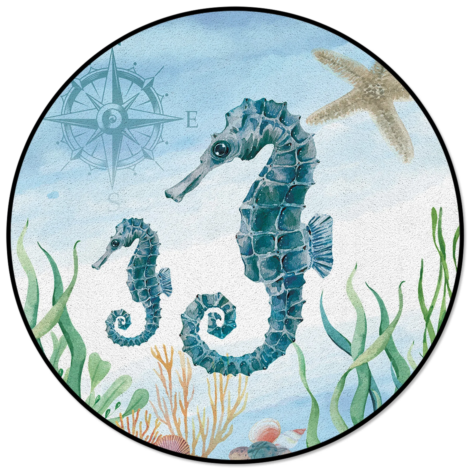

Marine Animal Seahorse Starfish Seaweed Compass Rugs And Carpets For Home Living Room Round Rug For Children Rooms Non-slip