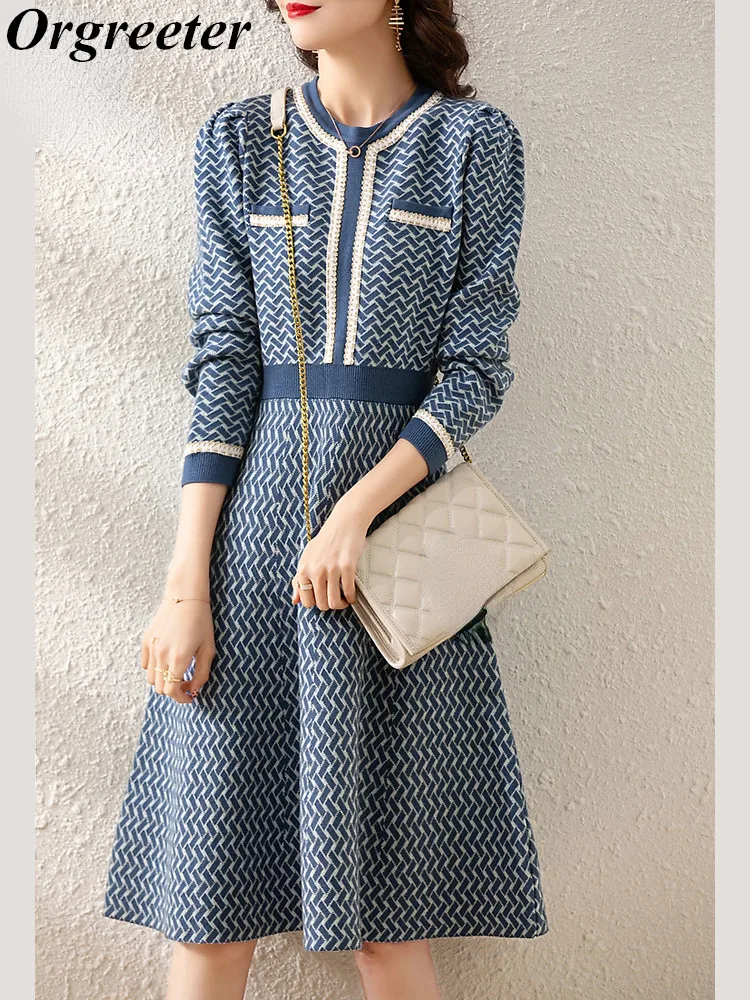 

Autumn Winter Geometric Knitting Vintage Elegant A Line Dress Women Casual Street Knitwear Sweater Dresses