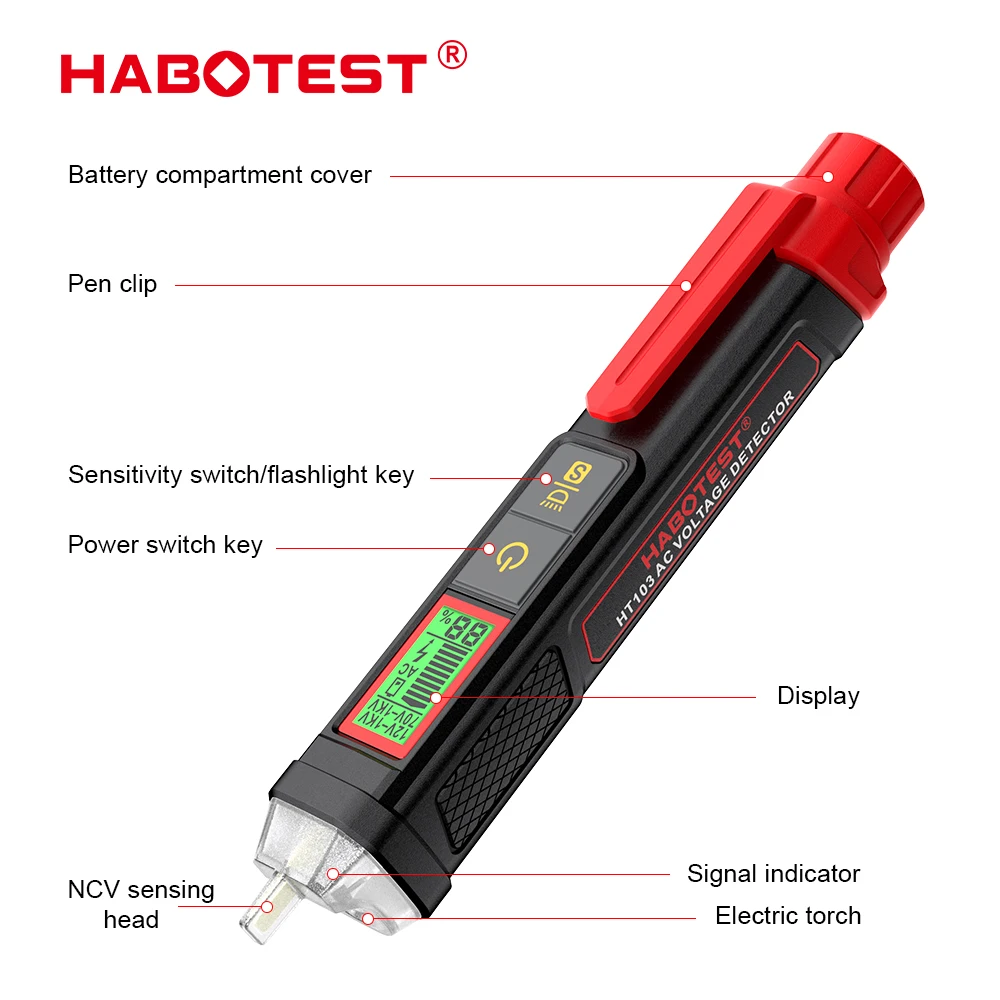HABOTEST HT103 Бесконтактный детектор напряжения Высокоточная идентификация живогонейтрального провода 12-1000 В с фонариком Обнаружение переменного тока (art.: 3920d3ef661af) - 3920d3ef661af