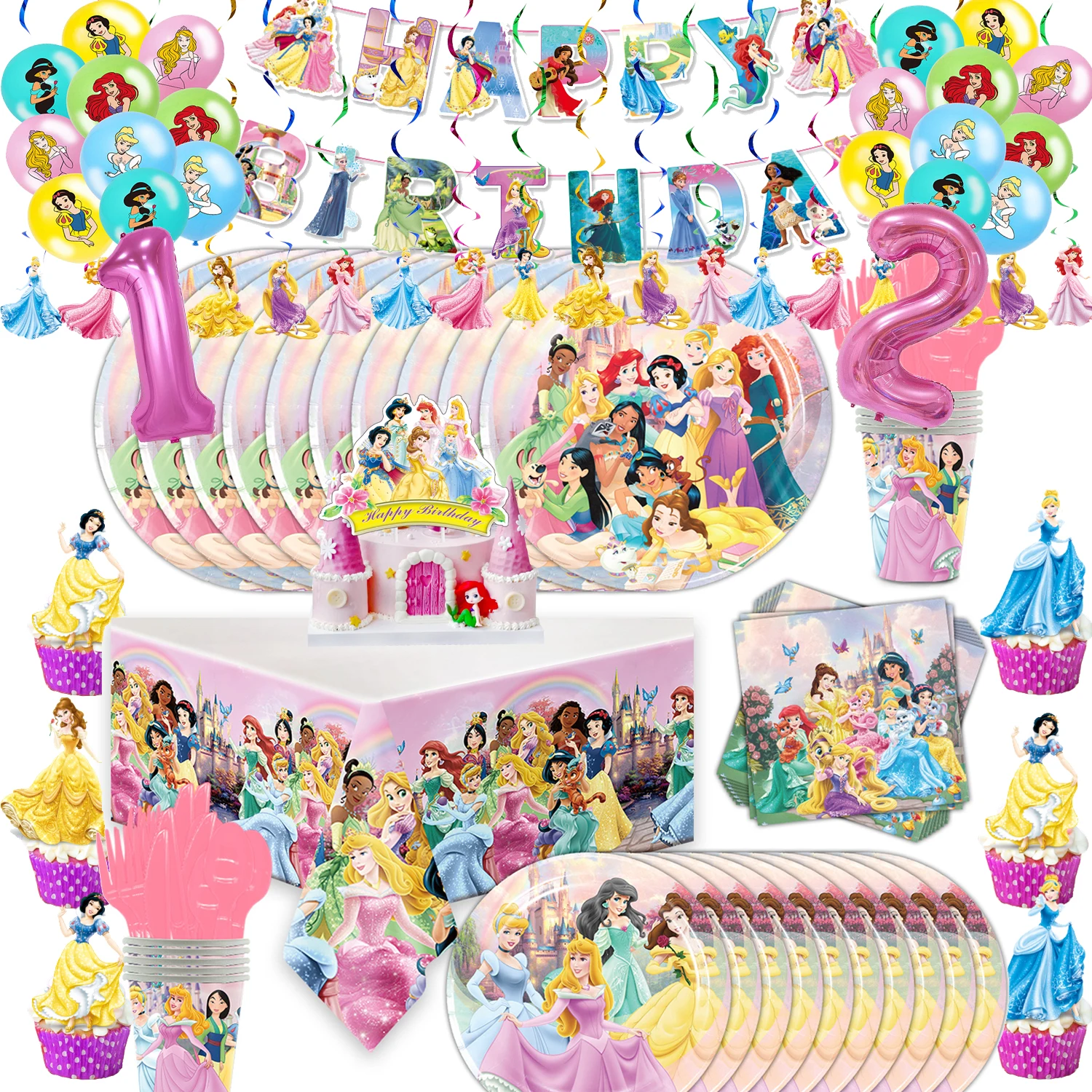 

Аксессуары для дня рождения Disney Princess Dream, тарелки, чашки, баннер, топпер для торта для детей, Детский Колокольчик для душа, украшения для вече...