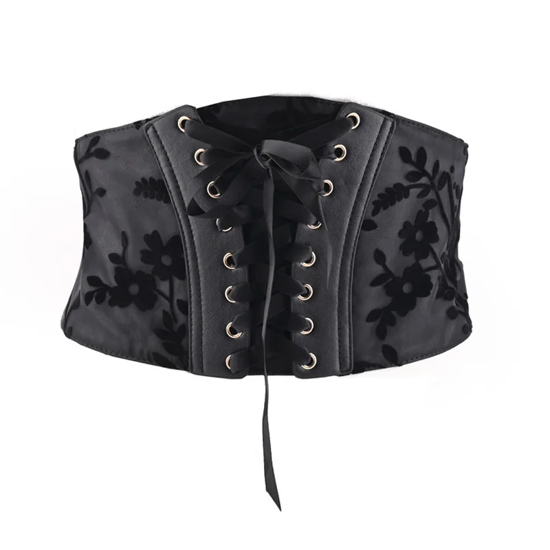 

Stylish Dark Lace Rustic Little Fresh Ladies Dress Coat with Faux Leather Elasticated Trim Wide Waistband