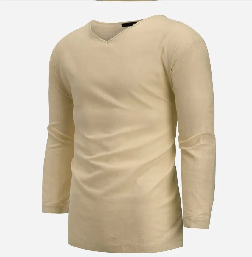 2022 autumn new solid color cotton and linen three-quarter sleeve men's V-neck shirt large size loose casual men's pullover top