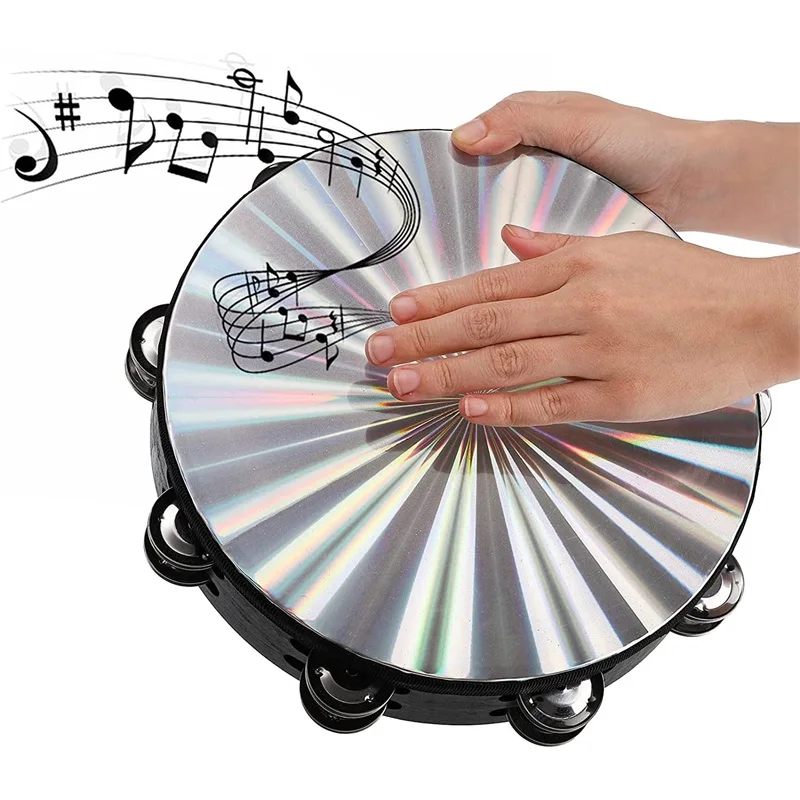 

8 10 Inch Wooden Radiant Tambourine Handbell Hand Drum With Double Row Jingles ABS Reflective Head Percussion Instrument