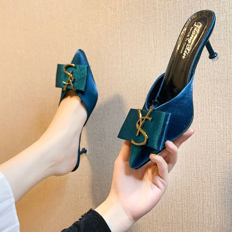 2023 New Square Button Pointed Red Mueller Baotou Half Slippers Women's Slim Heels Versatile Mesh Red One Step Lazy Shoes