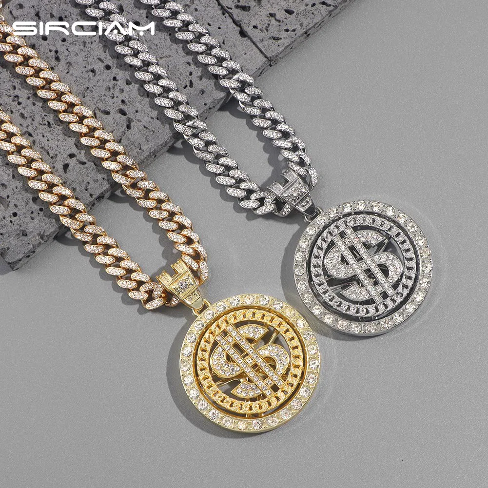 

Iced Out 13mm Miami Cuban Link Chain Necklace Men Women Bling Round Dollar Sign Pendant Necklaces Cuban Link Statement Jewelry