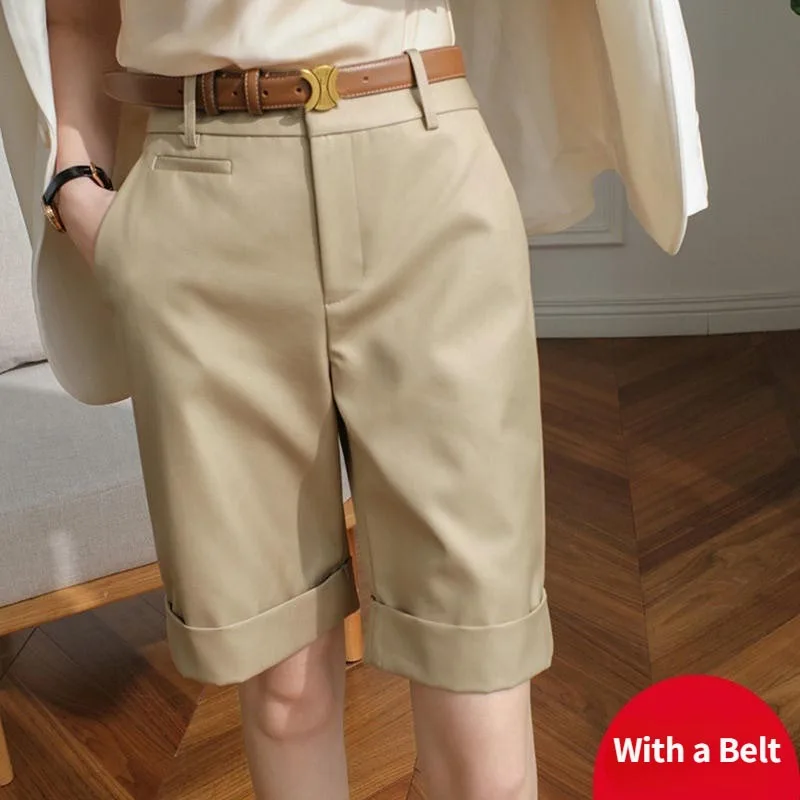 Pantalones cortos de verano para mujer, Pantalón recto de cintura alta hasta la rodilla con cinturón, color caqui, blanco y negro, informal, a la moda