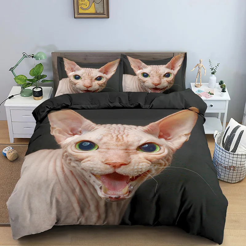 

Cute Animal Soft Polyester Quilt Cover Canadian Sphynx Cat Duvet Cover King Queen Lovely Pet Kitty Bedding Set Kids Teens Adults