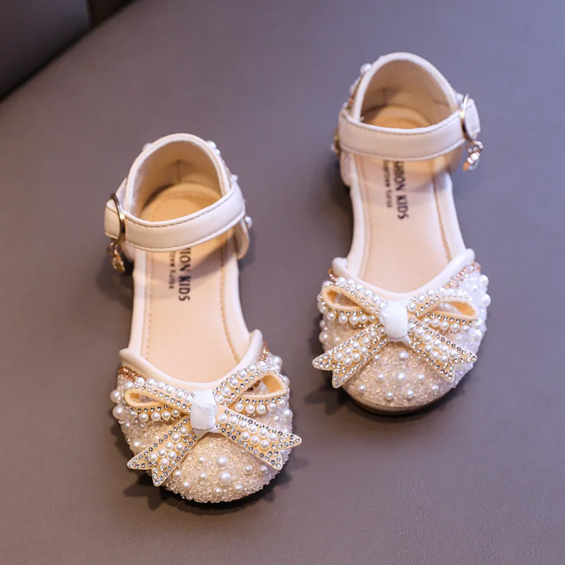 

Sweet Girl Princess Shoes Fashion Rhinestone Pearl Bow Baby Shoes Kids Party Children Dance Little Girls Leather Shoes New
