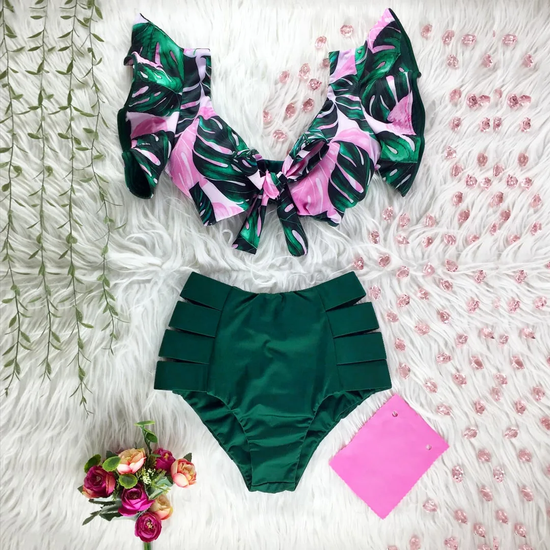 

Sexy Two-Piece Suit Split Swimsuit Female Bikini2022 New Printed High Waist Ruffles Bikini