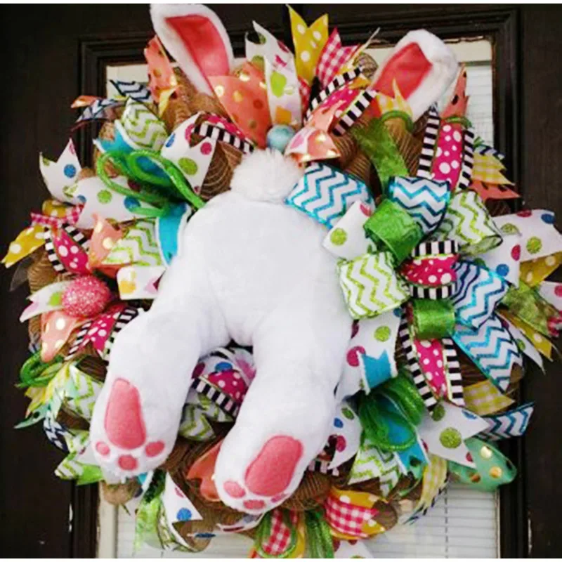 

New 2023 Easter Bunny Wreath Colorful Door Wall Oranments Happy Easter Rabbit Home Party Creative Garland Festival Decoration