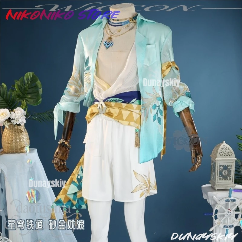 Фото Новый летний комплект Aventurine Waveflair: костюм для косплея на Хэллоуин, аниме-униформа, купальник, пальто, брюки, парики, игра Honkai Star Rail. №3