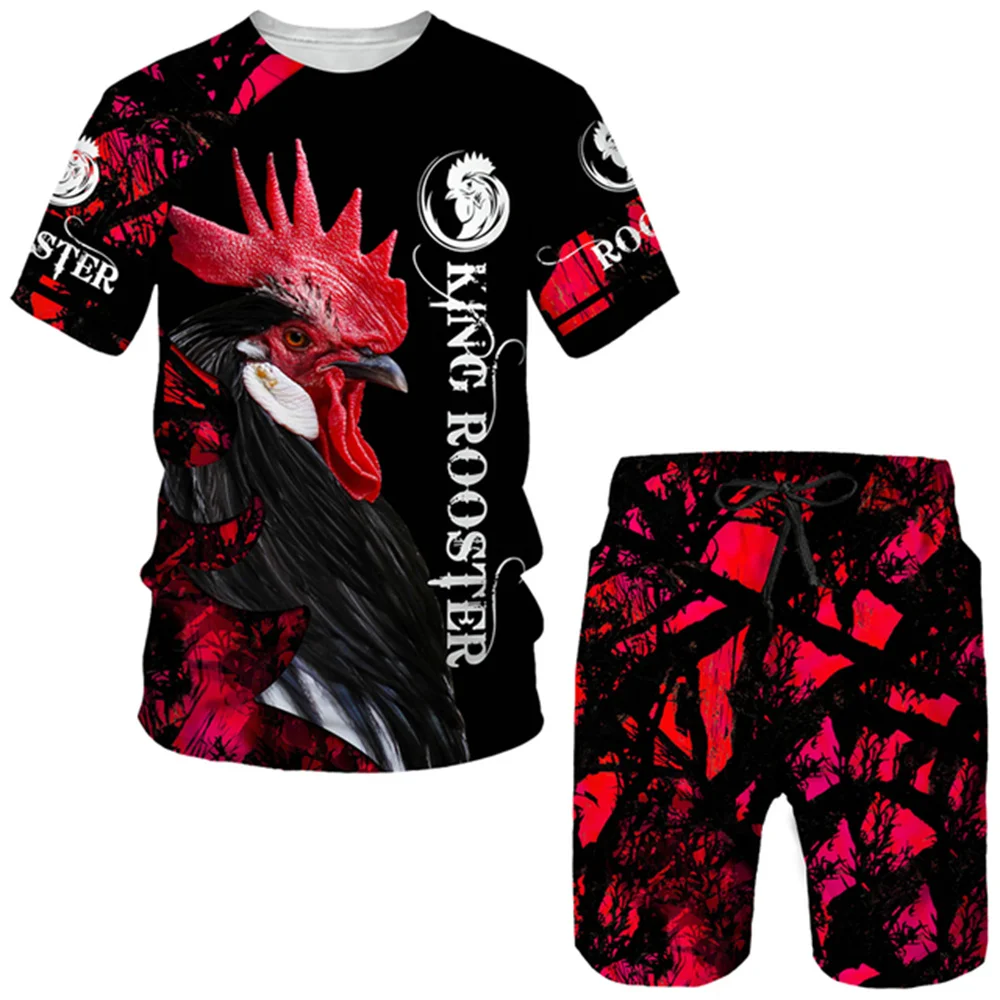 

Summer 3D printing rooster animal fashion male cool chicken hunting camouflage funny rooster T-shirt shorts suit sportswear