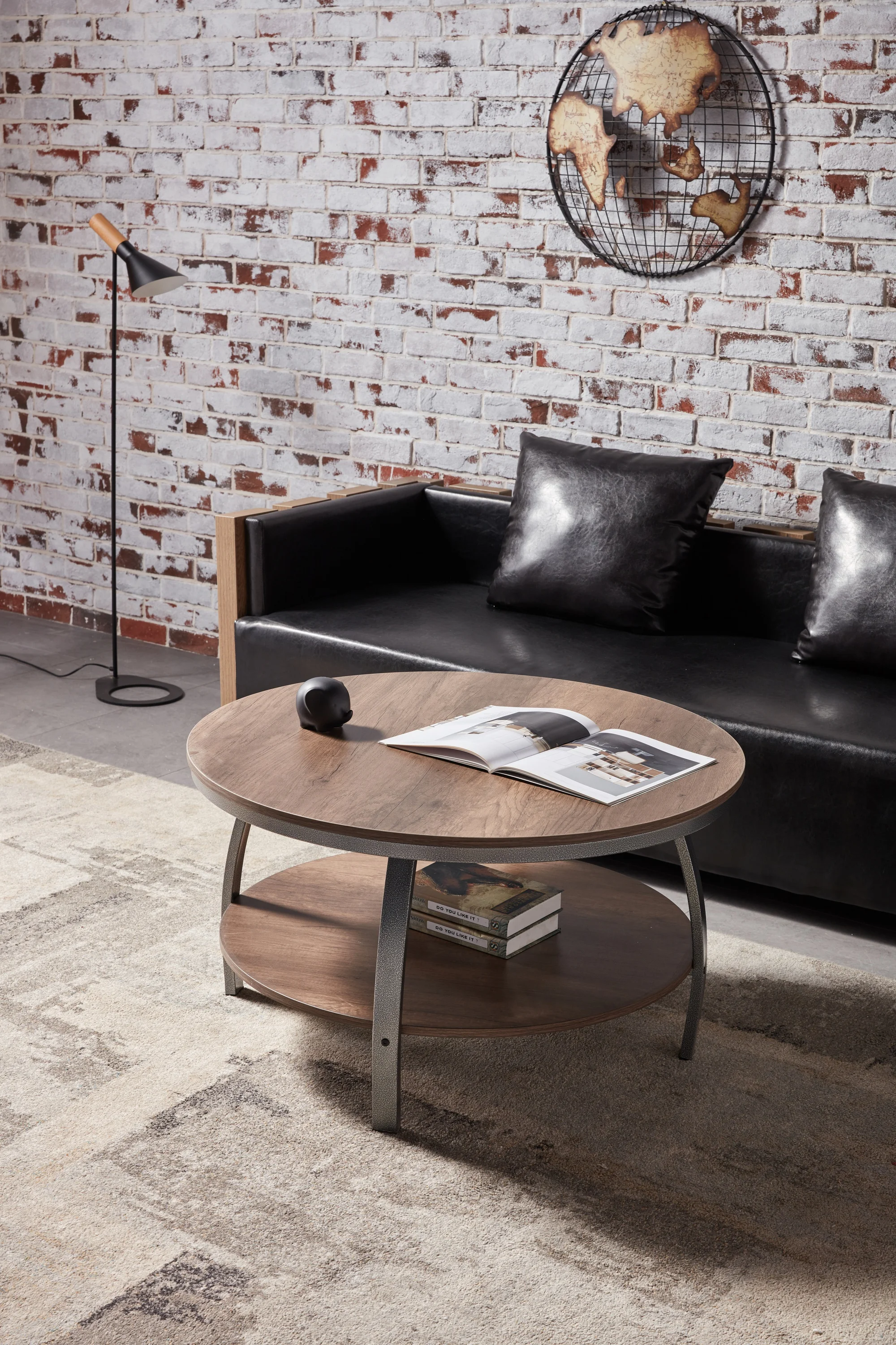 

2-Ярусный круглый журнальный столик с двойной панелью для гостиной и спальни, с металлическими ножками 3D и полкой для хранения.