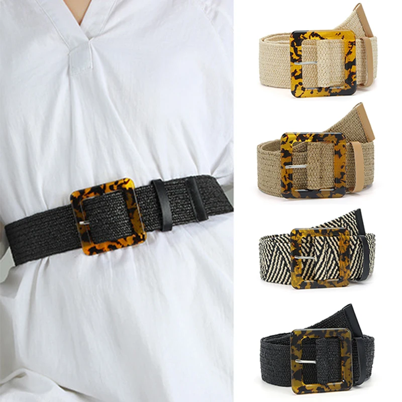 

PP Straw Knitted Belt Elastic Braided Waist Belt Beach Dress Shirt Waistbands Bohemian Ultra Wide Fashion Wild Stretch Belt
