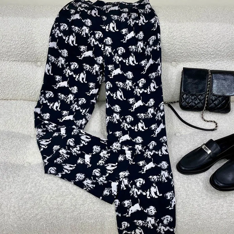 

22 Spring Casual Printed Loose Wide Leg Pants Women Slim Elastic Waist Puppy Pattern Trousers Rayon Black Buttons Pocket Trouser