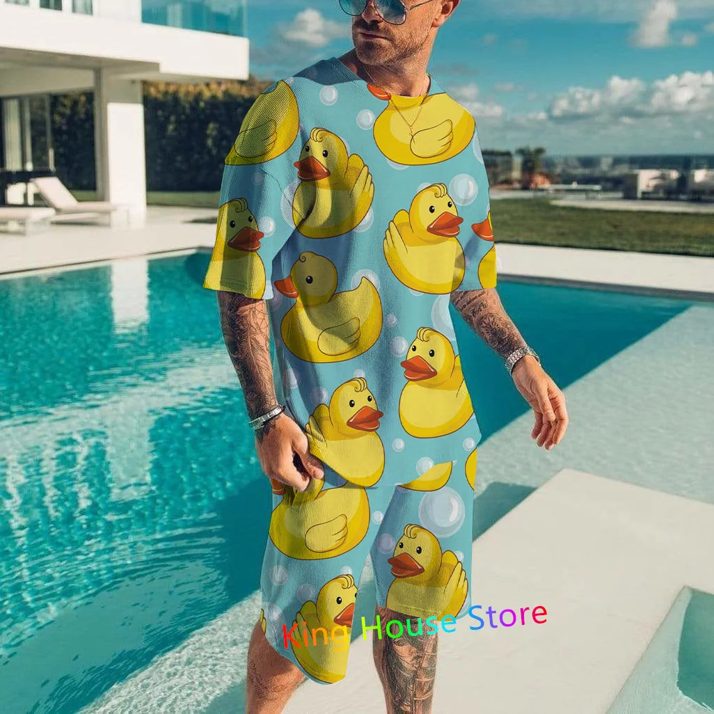 Fashion Sportswear Suit Set Men's Luxury 3D Cartoon Duck Streetwear Summer T Shirt Shorts 2 Piece Set Men Oversized Clothing Set