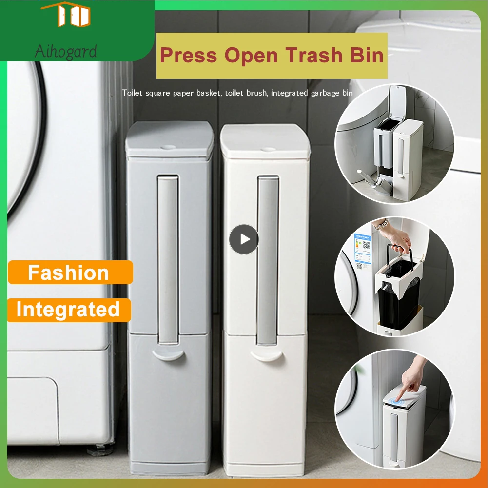 Press Type Open Cover Dustbin Bathroom Simple And Fashionable Toilet Square Paper Basket Toilet Brush Set Integrated Garbage Bin