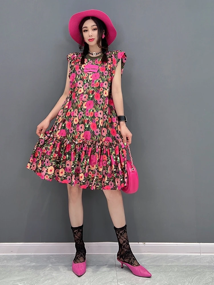 

SuperAen 2022 Summer New Fashion Casual Printing Waist Sleeveless Sweet O Neck Women's Dress