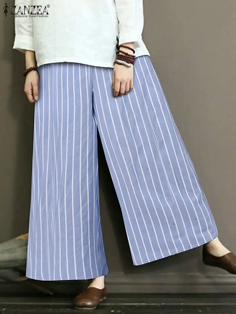 

ZANZEA Spring Stylish Casual Holiday Pantalon Women Wide Leg Pant Stripe Printed Ankle Length Palazzo Female Elegant Trousers