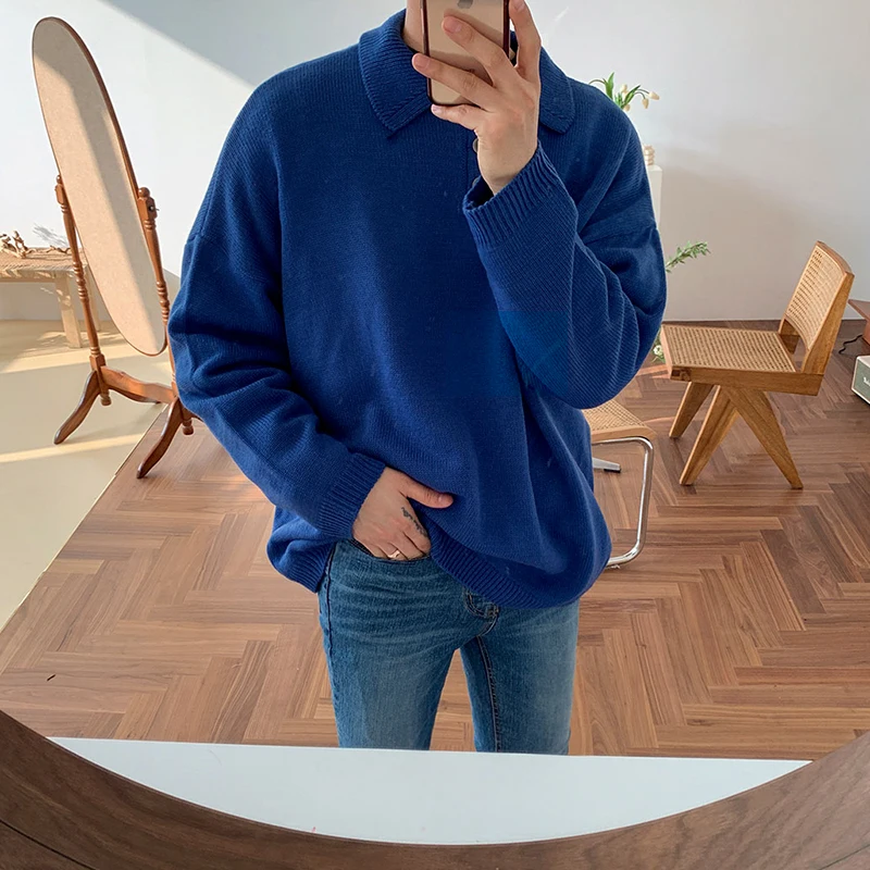 Базовые однотонные вязаные пуловеры мужские свободные унисекс с отложным