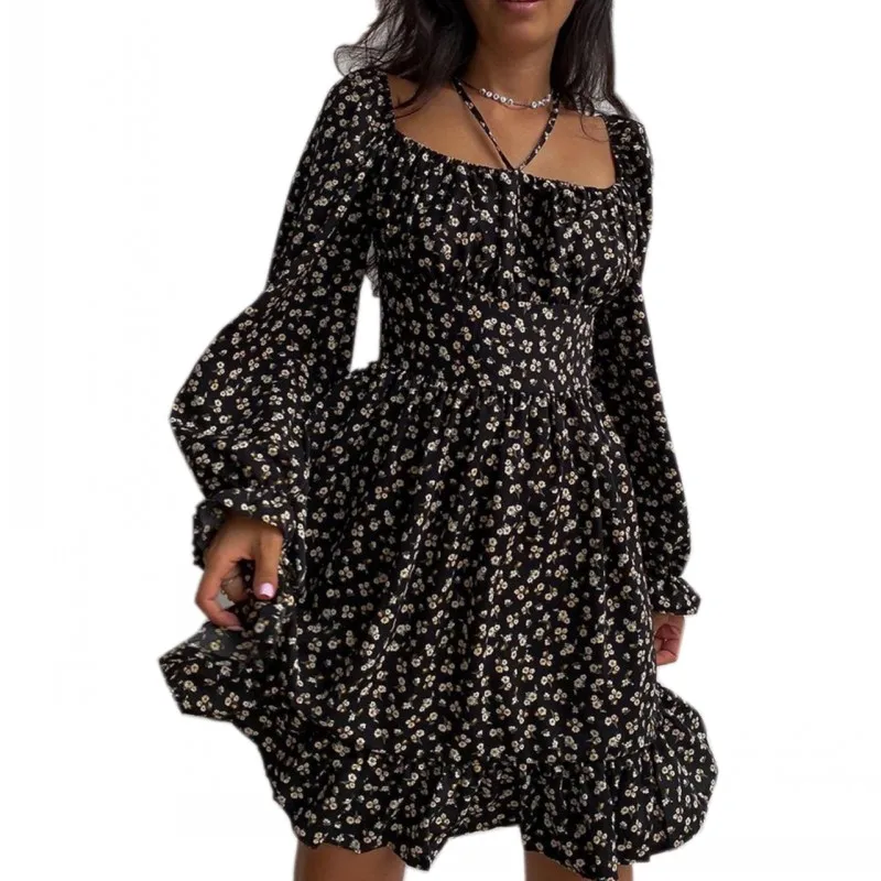 

Женское короткое платье с рюшами, элегантное винтажное платье с высокой талией, корсетом и пышными рукавами, квадратным вырезом и цветочным...