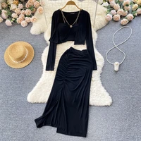 three piece set sexy fashion chic outfits long sleeve tops chain camisole split ruched long skirt women casual high street set