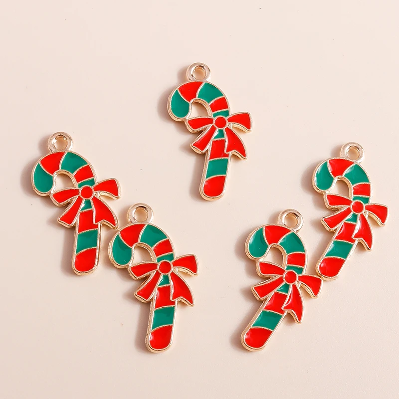 

10pcs 14x23mm Cute Enamel Christmas Crutch Charms for Jewelry Making Earrings Pendants Necklaces DIY Keychains Craft Accessories