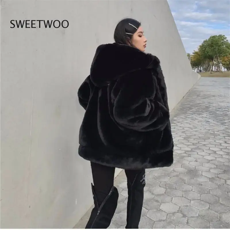 High Quality Quilted Thick Furry Coat Female Autumn and Winter Lamb Plush Imitation Mink Rex Rabbit Fur Coat Women Hooded Jacket