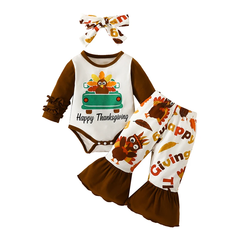 

Toddler Baby Girl My 1st Thanksgiving Outfit Long Sleeve Turkey Romper Flared Pants with Headband 3Pcs Set