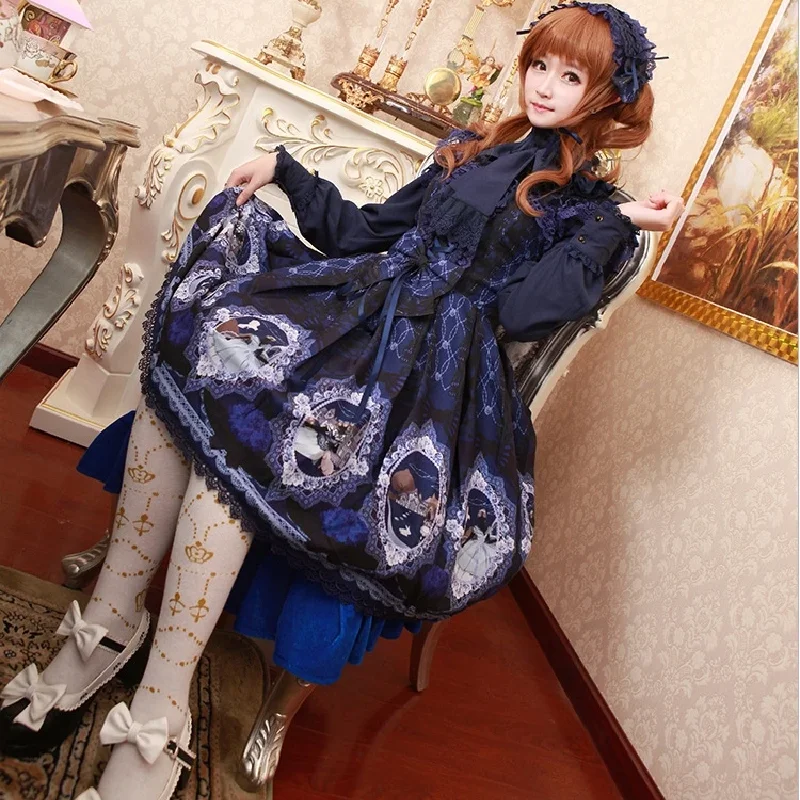 Женское платье с бантом Loli cos готическое в стиле Лолита jsk кружевное Ретро