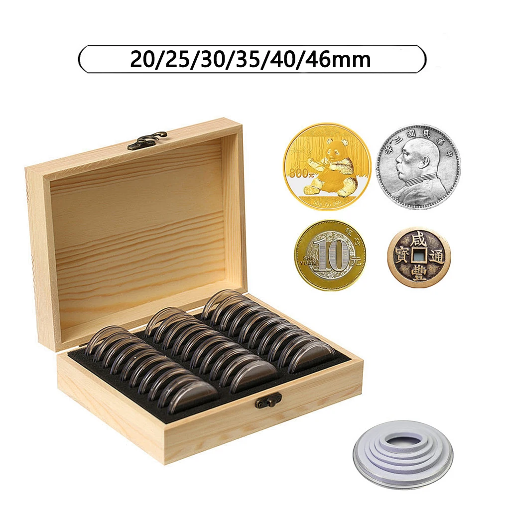 30Pcs 46mm Coin Capsule Box with Foam Gaskets(20/25/30/35/40mm) and Wooden Storage Box for Collection Coin Holder Container
