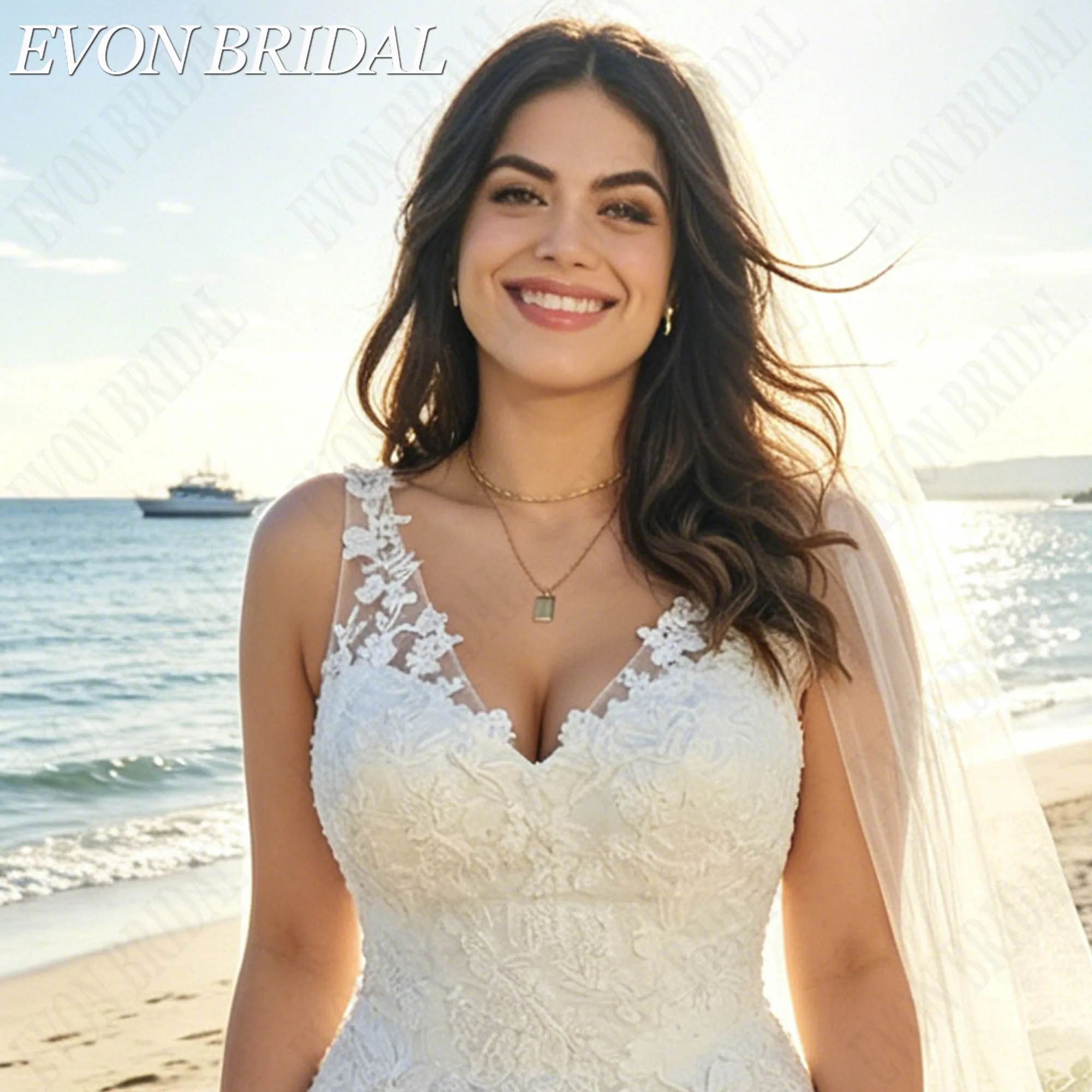 Фото EVON BRIDAL Бохо иллюзия свадебное платье на тонких бретелях, кружевные аппликации, тюлевое свадебное платье с V-образным вырезом силуэт А-лайн, индивидуальное изготовление свадебного платья, мягкий тюль нежное кружево №5