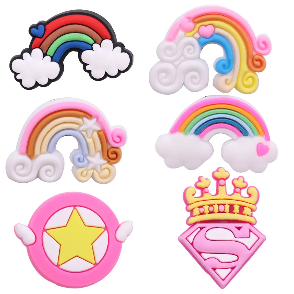 

6PCS PVC Cartoon Shoe Charms Kawaii Colorful Rainbow Cloud Heart Star Diamond Crown DIY Croc Jibz Buckle Shoes Ornaments