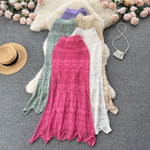 Women Bohemia Chic Hollow Solid Slim Skirt High Waist Crochet Split Elegant Midi Skirt Beach Vacation Spring Autumn Skirts
