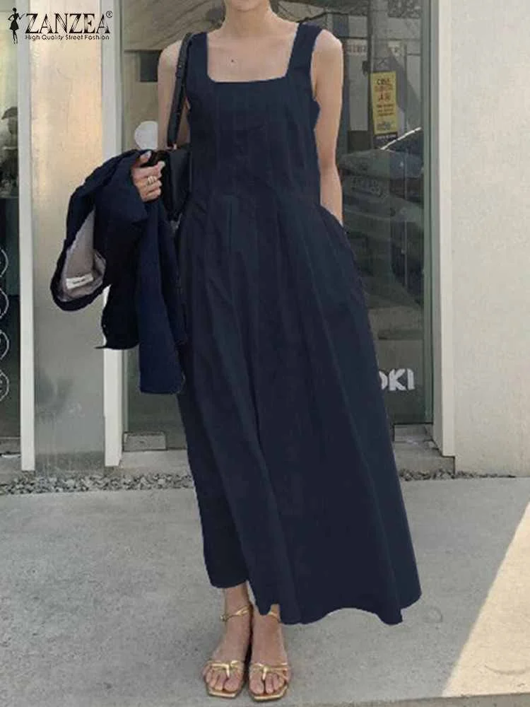 

2023 ZANZEA Summer Long Dress Elegant Women Sleeveless Pleated Casual Square Neck Party Holiday Sundress Robe Femme Vestidos