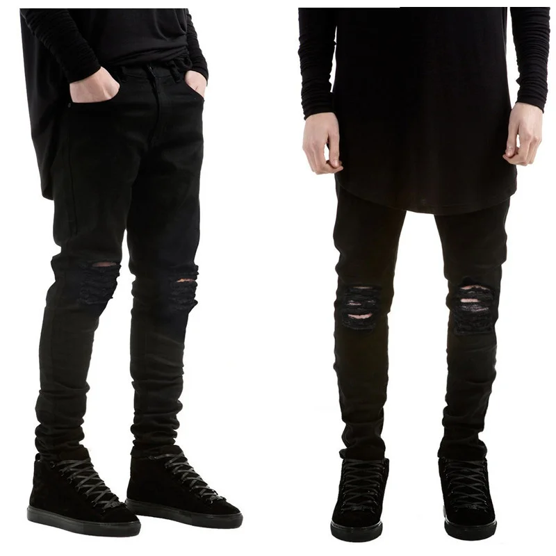 

2016 New fashion Brand men black jeans skinny ripped Stretch Slim kanye west hip hop swag denim motorcycle biker pants Jogger