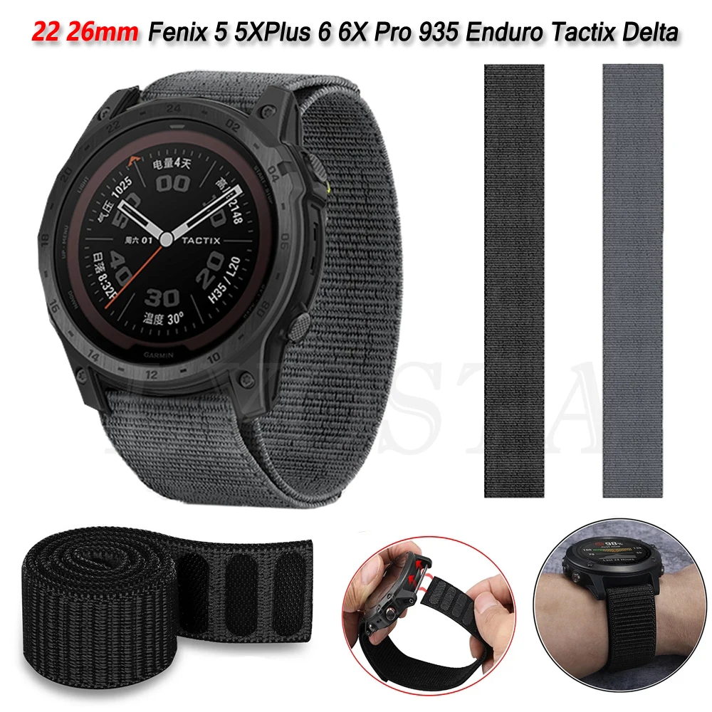 

22 26mm Watchband For Garmin Enduro Fenix 7 7X Tactix 7 Pro 6 6X Pro 5 5X Plus 3 HR Mk2 Wristband Strap Hook Look Nylon Bracelet