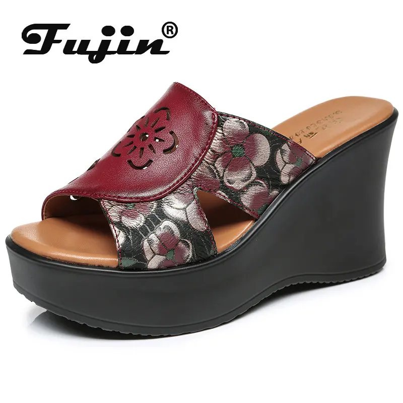 

Fujin 7cm Mocasins Ethnic 2023 Print Summer Slippers Women Platform Wedge Genuine Leather Peep Toe Slip on Fashion Hollow Shoes