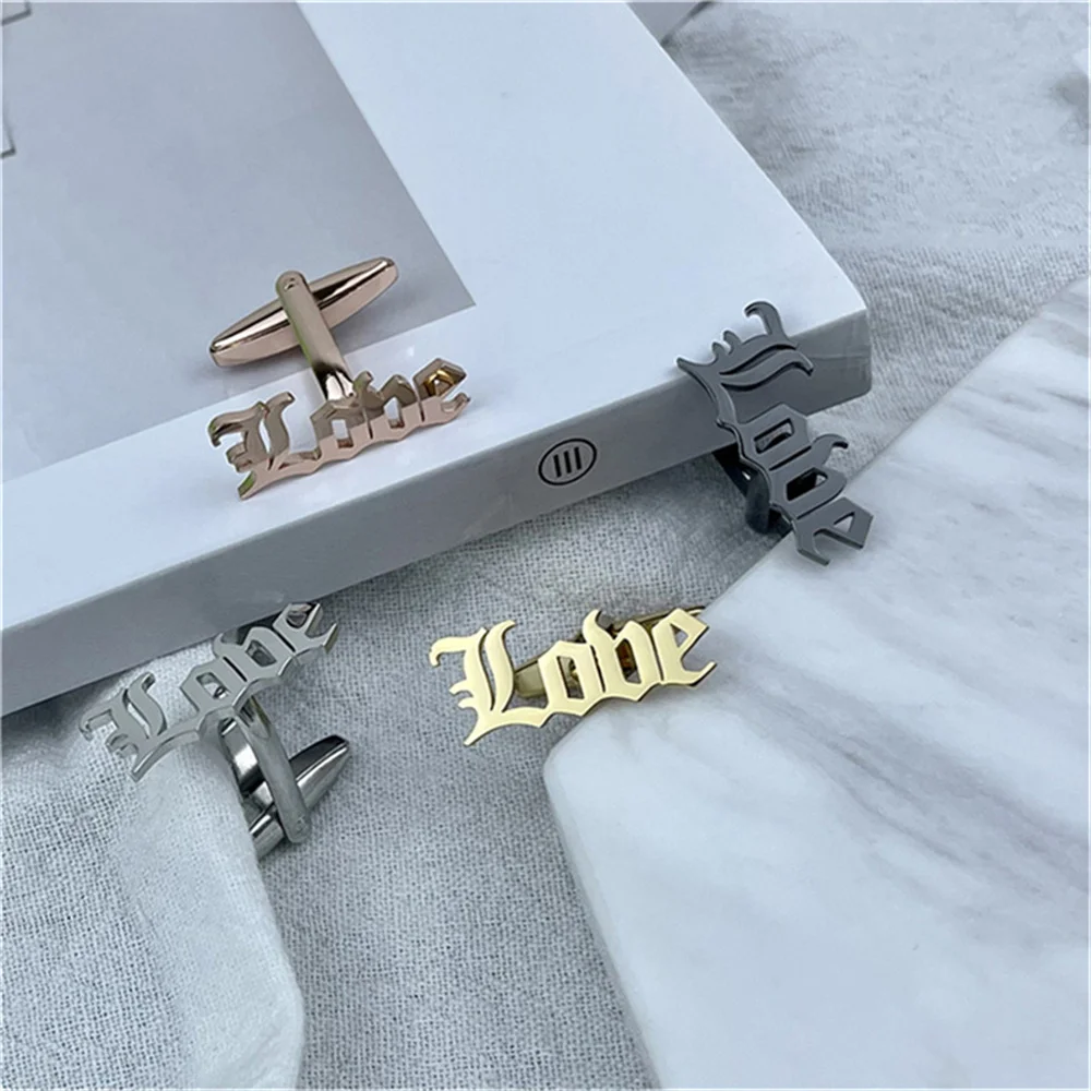 Old English Font "Love" Letters Cufflinks For Men Stainless Steel Mens Fashion Gemelos Gold Metal Party Shirt Cuff Links Gift