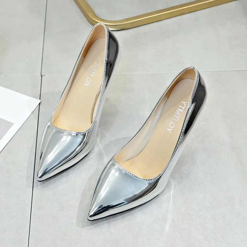 2023 New Champagne Women Glossy Patent Extremely 9cm High Heels Pointed Toe Slip on Stiletto Pums Solid Formal Dress Shoes Plus