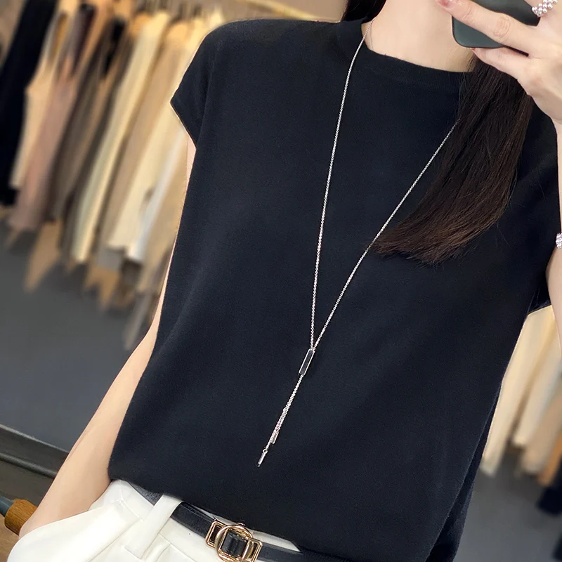 

Тонкие летние женские футболки, футболка с коротким рукавом и круглым вырезом, Базовый стиль, юбка из искусственной шерсти, вязаные топы, футболки