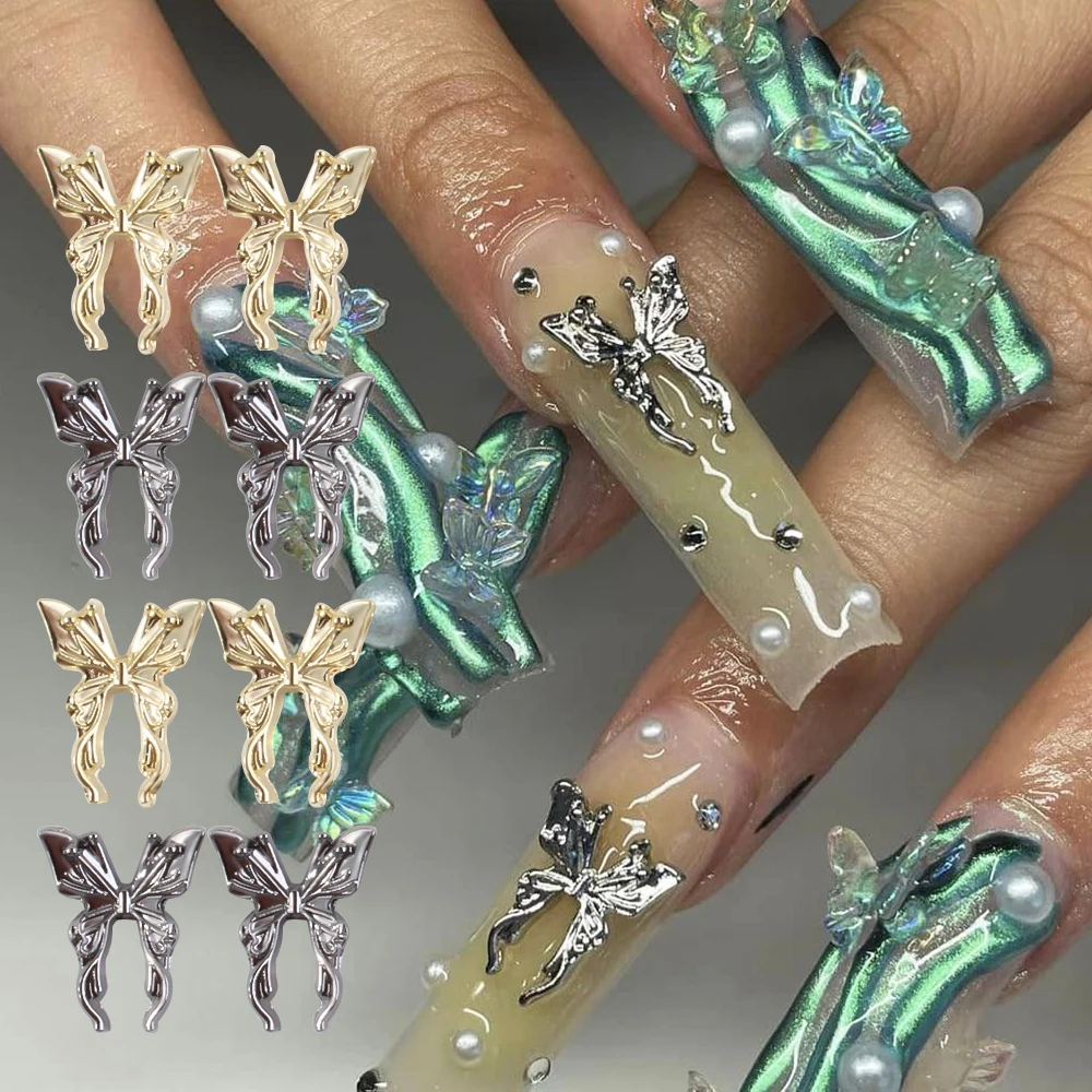 

10pcs Gold/Silver Liquid Metal Butterfly Nail Charms Alloy Nail Rhinestones Butterflies Wings Jewels Nail Supplies Decoration