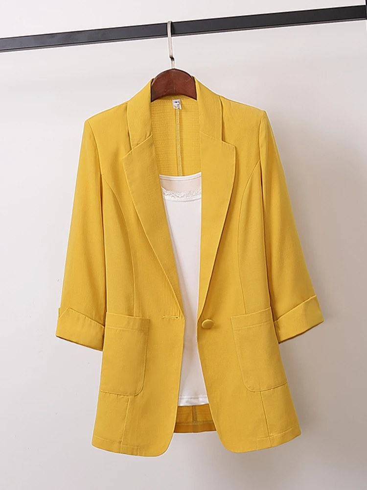 

2022 New Spring/Summer Chiffon Plus Size Jacket Loose Casual Korean Fashion Suit Women's Clothing Women Top Coats Yellow Blazer