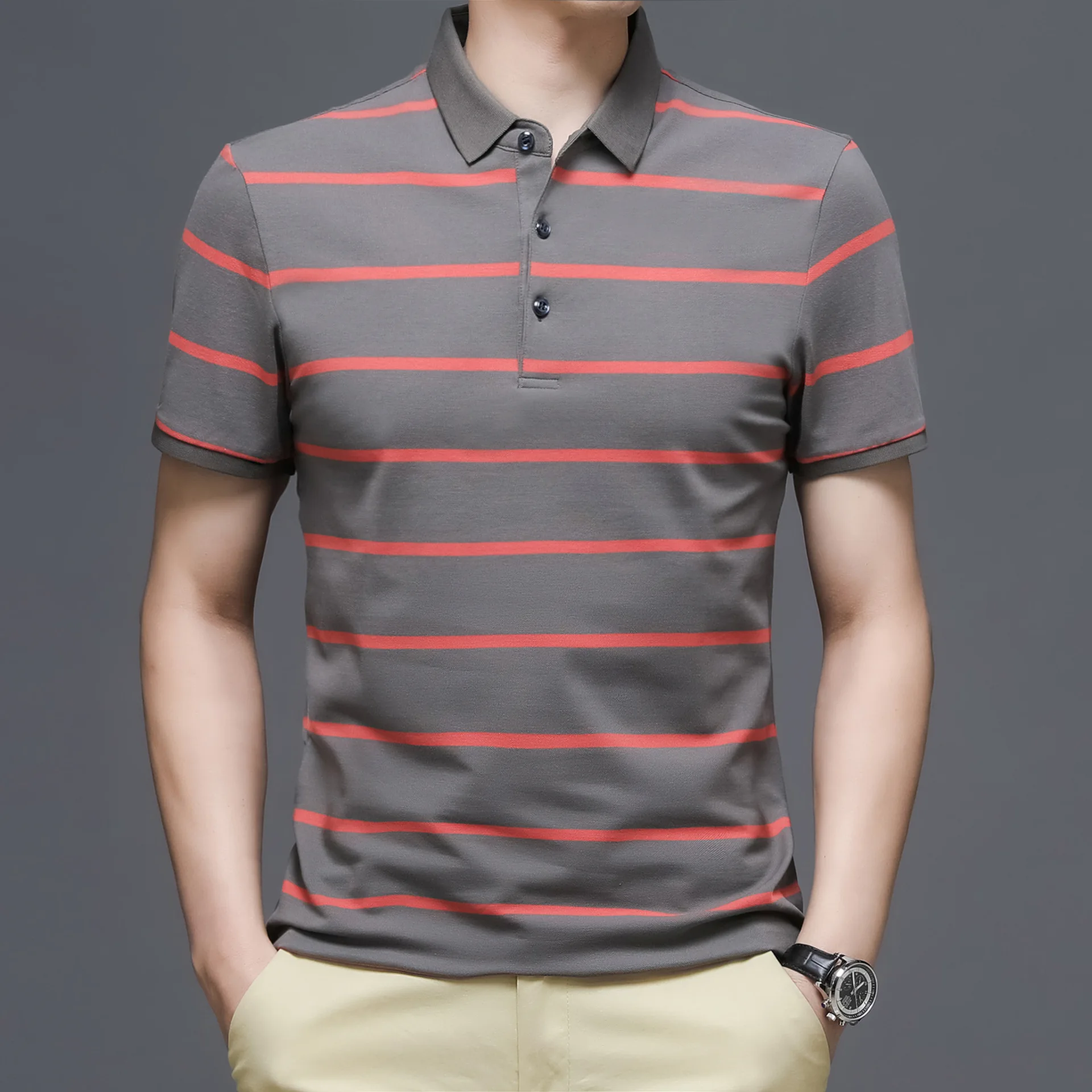 

Рубашка-поло с короткими рукавами, мужская летняя, из 96 хлопка, для мужчин среднего возраста