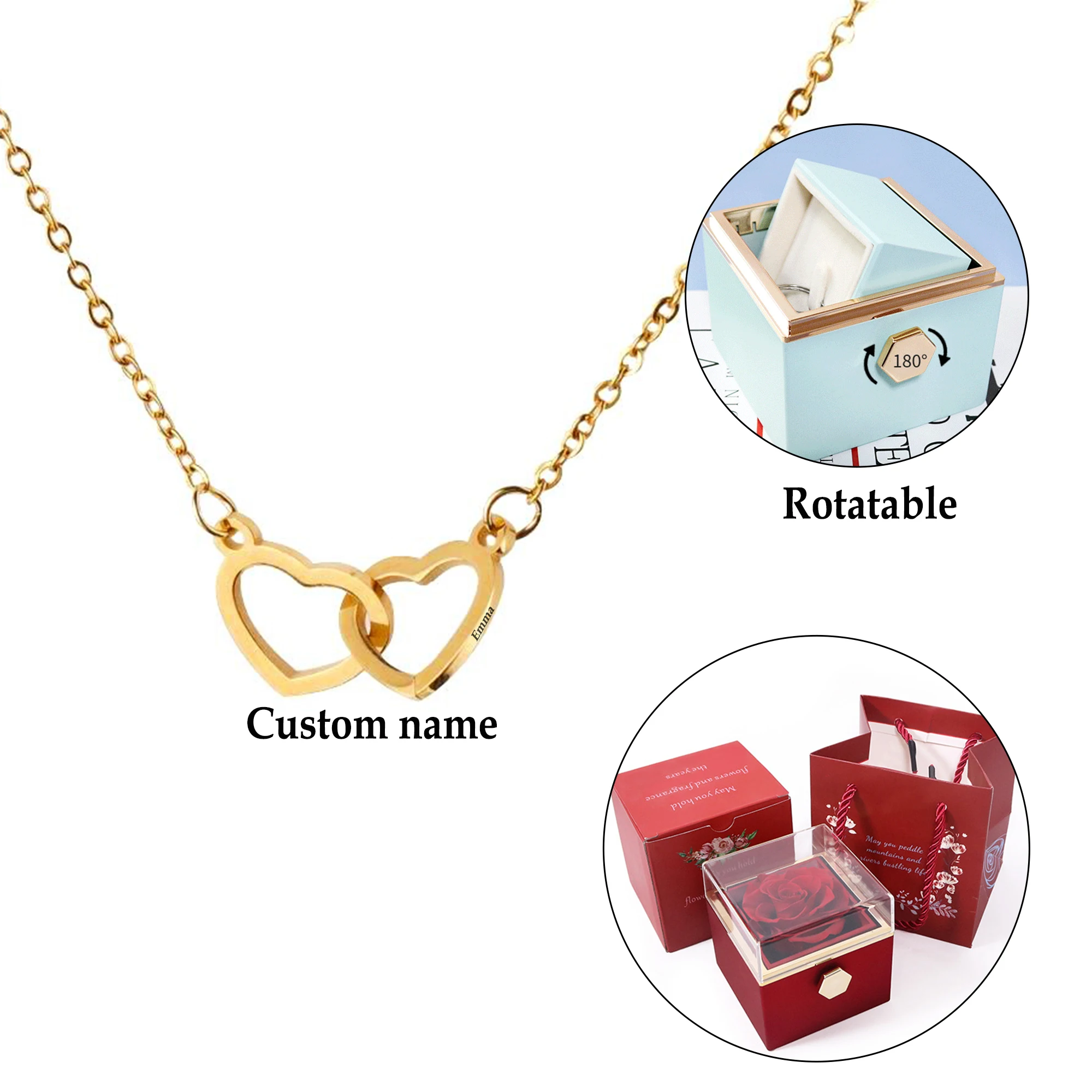 Ожерелье спиннинг вечная роза с двойным сердцем гравировкой имени