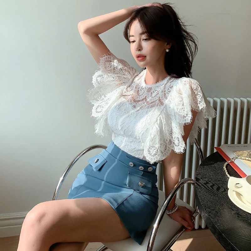 

Elegant White Lace Tops Mini Skirt Summer Women's Set Work Wear Clothes Office Lady Blouse Button Mini Skirts Suit Korean F363