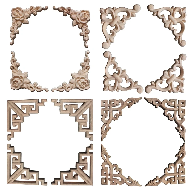 

4pcs Vintage Wooden Carved Onlay Applique Corner Carving Unpainted Frame Furniture Wall Door Woodcarving Decal Decoration